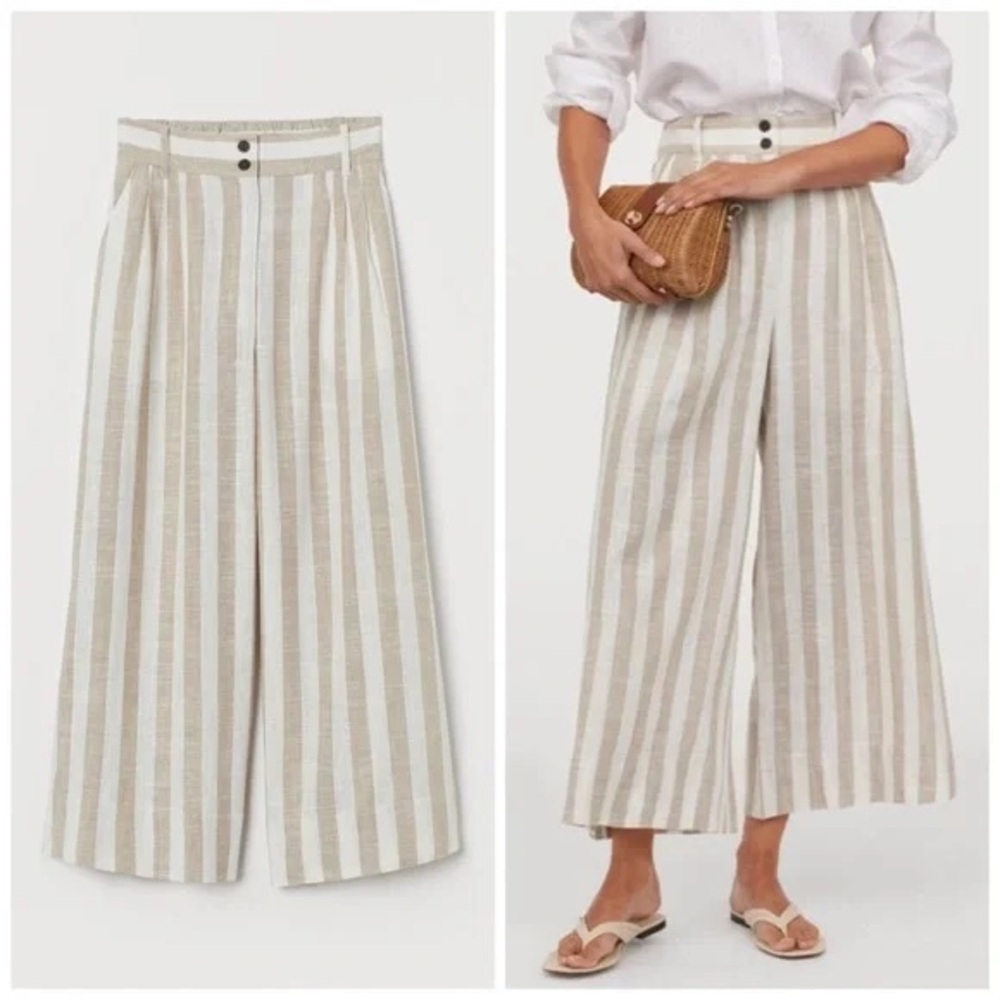 H&M linen pants wide leg cropped striped beige sand pockets high rise trousers